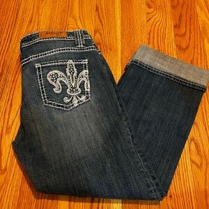 Vigoss Women's Dark Blue Straight Leg Jeans with Fleur-de-Lis Embroidery